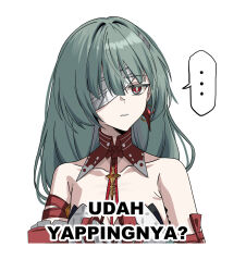  ... bandage_over_one_eye bare_shoulders bright_pupils collarbone commentary_request cropped_torso earrings female flower_in_eye grey_eyes grey_hair highres jewelry long_hair looking_at_viewer parted_lips phrolova_(wuthering_waves) pokarii_zuu simple_background solo spoken_ellipsis symbol_in_eye tacet_mark_(wuthering_waves) translation_request white_background white_pupils wuthering_waves 