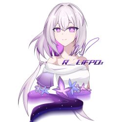 alternate_costume bare_shoulders bright_pupils castorice_(honkai:_star_rail) chaodaotidianzu collarbone female grey_hair hair_intakes honkai:_star_rail honkai_(series) long_hair looking_at_viewer off-shoulder_shirt off_shoulder purple_eyes shirt short_sleeves simple_background smile solo upper_body very_long_hair white_background white_pupils white_shirt 