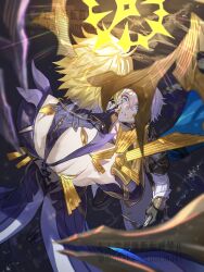  2boys absurdres alternate_form antenna_hair armor asymmetrical_wings black_choker black_shirt black_wings blonde_hair blood blood_on_face blue_cape cape choker coat cracked_skin floating_cape hair_between_eyes halo halo_behind_head hand_on_another&#039;s_face highres honkai:_star_rail honkai_(series) male_focus material_growth multiple_boys parted_bangs pauldrons phainon_(honkai:_star_rail) shirt short_hair shoulder_armor single_pauldron tanemaki_monaka torn_clothes torn_shirt white_coat white_hair wings yellow_blood yellow_wings 