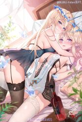  2girls absurdres alcohol artist_name backless_dress backless_outfit bare_shoulders bed bed_sheet between_breasts bilibili_username black_dress black_panties black_thighhighs blonde_hair blue_butterfly blue_eyes blush bottle breasts bug butterfly cartethyia_(wuthering_waves) chinese_commentary cleavage closed_mouth commentary_request crown_of_thorns cup curtains dress drinking_glass dual_persona earrings facial_mark fallen-leaves fleurdelys_(wuthering_waves) forehead_mark garter_straps glowing_butterfly gold_trim hair_between_eyes hand_on_another&#039;s_back highres horns indoors jewelry large_breasts light_particles long_hair long_horns looking_at_viewer lying multiple_girls on_back on_bed open_mouth panties pillow plant pointy_ears red_wine single_horn smile tabard table tacet_mark_(wuthering_waves) thighhighs thighs turning_head underwear very_long_hair watermark white_tabard white_thighhighs window wine wine_bottle wine_glass wuthering_waves 