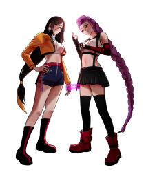  2girls absurdres azezazel bare_shoulders black_gloves black_hair black_skirt black_sports_bra black_thighhighs boots braid braided_ponytail breasts cosplay costume_switch crop_top cropped_sweater crossover earrings elbow_gloves english_commentary final_fantasy final_fantasy_vii final_fantasy_vii_remake fingerless_gloves full_body gloves hand_on_own_hip highres jacket jewelry knee_boots kpop_demon_hunters lips long_hair long_sleeves looking_at_viewer low-tied_long_hair medium_breasts midriff miniskirt multiple_girls navel open_clothes open_jacket parted_lips pink_lips purple_hair red_boots red_eyes rumi_(kpop_demon_hunters) rumi_(kpop_demon_hunters)_(cosplay) short_shorts shorts single_arm_guard skirt sports_bra standing suspender_skirt suspenders sweater swept_bangs tank_top thighhighs tifa_lockhart tifa_lockhart_(cosplay) turtleneck turtleneck_sweater twitter_username very_long_hair white_background white_sweater white_tank_top yellow_jacket zettai_ryouiki 