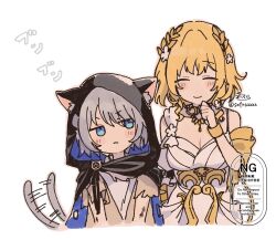  2girls ^_^ afterimage aglaea_(honkai:_star_rail) animal_ear_fluff animal_ears animal_hood black_cloak blonde_hair blue_eyes blush_stickers breasts brown_shirt cat_ears cat_tail cipher_(honkai:_star_rail) cleavage cloak closed_eyes closed_mouth commentary cropped_torso dirty dress fake_animal_ears grey_hair highres honkai:_star_rail honkai_(series) hood hood_up hooded_cloak medium_breasts multiple_girls shirt signature simple_background sofra tail tail_wagging torn_clothes torn_sleeves twitter_username upper_body watermark white_background white_dress white_shirt 