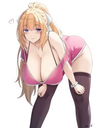  bent_over black_thighhighs blonde_hair bracelet breasts choujigen_game_neptune cleavage closed_mouth collarbone dress hair_between_eyes hair_ribbon hand_on_own_knee heart highres jewelry keenh large_breasts looking_at_viewer male_focus neptune_(series) pink_dress ponytail purple_eyes ribbon sidelocks simple_background smile thighhighs vert_(neptunia) white_background 