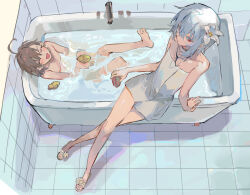  2girls accelerator_(toaru_majutsu_no_index) ahoge albino arm_support bare_shoulders bath bathing bathroom bathtub brown_hair chinese_commentary closed_eyes collarbone commentary_request dress flower from_above genderswap_(mtf) hair_between_eyes hair_flower hair_ornament highres last_order_(toaru_majutsu_no_index) multiple_girls partially_submerged qyzhiaiyisheng red_eyes rubber_duck rule_63 sandals short_hair sitting tile_floor tile_wall tiles toaru_majutsu_no_index towel water white_dress white_hair 