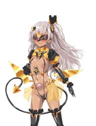  absurdres black_gloves blush breasts corruption covered_nipples dark-skinned_female dark_persona dark_skin demon_tail elbow_gloves female girls&#039;_frontline gloves grey_hair hair_ornament heart highres logia13laplace long_hair low_wings mask navel one_side_up pubic_tattoo slave_gear slingshot_swimsuit small_breasts smile solo swimsuit tail tattoo thighhighs transparent_background ts_magical_girl_nao ump45_(girls&#039;_frontline) variant_set wings 