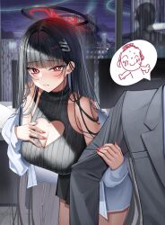  1boy absurdres alternate_costume bare_shoulders black_hair blue_archive blunt_bangs blush breasts bright_pupils building cleavage cleavage_cutout closed_mouth clothing_cutout doodle_sensei_(blue_archive) dress female hair_ornament hairclip hairpin halo hashtag-only_commentary heart_cutout highres holding_another&#039;s_arm hsxxx large_breasts long_hair looking_at_another multicolored_halo off_shoulder paper_on_head red_eyes red_nails ribbed_dress ringed_eyes rio_(blue_archive) sensei_(blue_archive) shirt short_dress sleeveless sleeveless_dress solo_focus speech_bubble suit turtleneck turtleneck_dress two-tone_halo very_long_hair white_shirt 