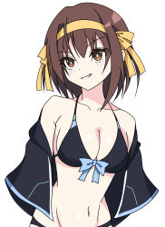  absurdres bikini black_bikini blue_bow bow bow_bikini breasts brown_eyes brown_hair cleavage collarbone female hair_ribbon halterneck highres navel ribbon short_hair simple_background smile solo suzumiya_haruhi suzumiya_haruhi_no_yuuutsu swimsuit white_background xil_0828 yellow_ribbon 