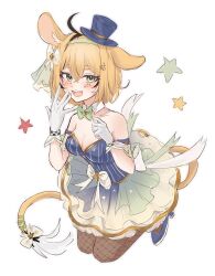  :d ahoge animal_ear_fluff animal_ears back_ribbon blonde_hair blue_dress blue_hat blue_shoes blue_skirt bow bowtie breasts brown_pantyhose cleavage crossed_bangs detached_collar dooby_(vtuber) dress facial_mark female fishnet_pantyhose fishnets frilled_skirt frills gloves gold_trim gradient_clothes gradient_skirt green_bow green_bowtie green_eyes green_skirt hairbow happy_(yppah1060) hat highres indie_virtual_youtuber jerboa_tail layered_skirt light_blush looking_at_viewer medium_breasts mini_hat mini_top_hat multicolored_skirt official_alternate_costume pantyhose pinstripe_dress pinstripe_pattern ribbon shoes short_eyebrows short_hair skirt smile solo star_(symbol) star_facial_mark strapless strapless_dress tail tail_ornament tail_ribbon teeth thick_eyebrows top_hat tutu upper_teeth_only virtual_youtuber waist_ribbon white_background white_bow white_gloves white_skirt 