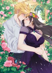  1boy absurdres alternate_costume arm_around_waist black_hair black_pants blonde_hair blue_eyes blurry blurry_background blush breasts cleavage cleavage_cutout closed_eyes closed_mouth clothing_cutout cloud_strife collared_shirt couple cowboy_shot crescent crescent_earrings dress earrings english_commentary female final_fantasy final_fantasy_vii final_fantasy_vii_remake floral_background flower gold_earrings hand_on_another&#039;s_shoulder hand_on_another&#039;s_waist head_wreath heart highres jewelry large_breasts leaf lips long_hair looking_at_another outdoors pants pink_flower pink_lips purple_dress red_flower reishichi rose shirt short_hair smile sparkle spiked_hair tifa_lockhart white_shirt 