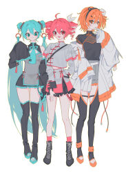  a.i._voice a4f9gybaah5219 adachi_rei adapted_costume ahoge arm_behind_back black_boots black_hairband black_leggings black_shirt black_skirt black_undershirt blue_eyes blue_hair blue_necktie blush boots breasts chinese_clothes cleavage_cutout closed_mouth clothing_cutout covered_collarbone detached_hair detached_sleeves drill_hair full_body gloves grey_jacket grey_shirt grey_skirt hairband hand_on_own_chin hatsune_miku highres jacket jacket_partially_removed kasane_teto kasane_teto_(sv) layered_skirt leggings lineup long_hair long_sleeves looking_at_viewer miniskirt necktie one_side_up open-toe_boots open_clothes open_jacket open_mouth orange_eyes orange_hair parted_lips pleated_skirt red_hair shirt short_hair short_sleeves simple_background skirt sleeveless sleeveless_shirt sleeves_past_fingers sleeves_past_wrists small_breasts smile standing stirrup_legwear synthesizer_v tassel thigh_boots thigh_cutout toeless_legwear twin_drills twintails utau very_long_hair vocaloid white_background white_gloves white_jacket 
