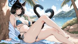  ;) absurdres animal_ears aoi_sakura_(seak5545) bare_shoulders bikini black_eyes black_hair black_nails blue_archive blue_bikini blue_halo blue_sky blush breasts closed_mouth cloud collarbone commentary_request day female foot_out_of_frame halo highres kikyou_(blue_archive) kikyou_(swimsuit)_(blue_archive) large_breasts looking_at_viewer mountain multiple_tails nail_polish navel off_shoulder official_alternate_costume one_eye_closed outdoors short_hair side-tie_bikini_bottom sitting sky smile strap_pull swimsuit tail thighs toenail_polish toenails tree underboob water 