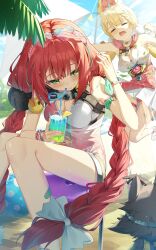  2girls absurdres alice_thymefield alice_thymefield_(sea_of_thyme) animal_ears blonde_hair blush bow braid breasts closed_eyes commentary cup drinking_glass drinking_straw drinking_straw_in_mouth eyewear_on_head green_eyes hairbow heart heart-shaped_eyewear highres holding holding_cup long_hair maeru medium_breasts multiple_girls open_mouth outdoors rabbit_ears rabbit_girl red_hair sand sitting twin_braids two-tone_one-piece_swimsuit ukinami_yuzuha ukinami_yuzuha_(tanuki_in_broad_daylight) white_bow zenless_zone_zero 