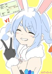  ^_^ animal_ear_fluff animal_ears bare_shoulders black_gloves black_leotard blue_hair blush braid closed_eyes commentary_request don-chan_(usada_pekora) facing_viewer female fur-trimmed_gloves fur_trim gloves grin hair_between_eyes hand_up highres hololive kiritoma leotard multicolored_hair outline rabbit_ears short_eyebrows signature smile solo strapless strapless_leotard thick_eyebrows translation_request twin_braids twintails two-tone_hair upper_body usada_pekora usada_pekora_(1st_costume) v virtual_youtuber white_hair white_outline yellow_background 