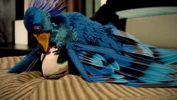  3d_(artwork) absurd_res ambiguous_gender anthro avian beak bed bedroom blender_cycles blue_body blue_eyes blue_feathers blue_sclera bodily_fluids bram_(bramnonix) cuddling decary digital_media_(artwork) duo feathers fur furniture green_eyes green_sclera grey_body grey_fur hi_res huge_filesize krakotl_(the_nature_of_predators) licking loafing lying lying_on_bed male male/ambiguous nohklu on_bed purple_body purple_skin purple_tongue saliva saliva_string scuted_hands scutes semi-anthro tagme the_nature_of_predators tongue tongue_out venlil_(the_nature_of_predators) wings 