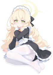  absurdres alternate_costume apron back_bow black_dress blonde_hair blue_archive bow closed_mouth commentary dress enmaided female food_print frilled_dress frills fruit_print green_eyes halo highres jiuchong_ying_fengxue long_hair long_sleeves looking_at_viewer lying maid maid_headdress no_shoes on_side panties panties_under_pantyhose pantyhose print_panties professor_niyaniya_(blue_archive) puffy_long_sleeves puffy_sleeves short_dress simple_background solo strawberry_print tearing_up thighband_pantyhose underwear wavy_hair white_background white_bow white_pantyhose yellow_halo 