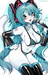  2025 absurdres animal_nose aqua_eyes aqua_hair aqua_nails arm_tattoo artist_name bare_shoulders bikini blush breasts cat_nose cat_tail cleavage eyelashes female fluffy_tail furry furry_female hand_on_own_hip hatsune_miku highres holding holding_microphone large_breasts latex long_hair looking_at_viewer microphone nail_polish navel open_mouth sharp_teeth simple_background solo striped_bikini striped_clothes swimsuit tail tattoo teeth thighhighs tweenstrip twintails very_long_hair vocaloid watermark white_fur wide_hips 