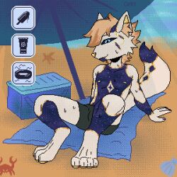  1:1 animated anthro badcanis beach beach_towel beach_umbrella blonde_hair canid canine choice clothing cosmic_fur dessert digital_media_(artwork) food fox fur hair ice_cream male mammal parasol pawpads paws pixel_(artwork) pixel_animation sand sea simple_background solo solo_focus sunscreen swimming_trunks swimwear tail tail_motion towel water yellow_body yellow_fur 