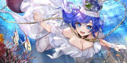  alternate_costume bare_shoulders black_choker blue_eyes blue_hair breasts canata_katana chains choker cleavage collarbone commentary coral coral_reef dress earth_(ornament) english_commentary female fish fish_request game_cg gold_chain hecatia_lapislazuli hecatia_lapislazuli_(earth) hecatia_lapislazuli_(tropical_goddess) highres large_breasts long_hair moon_(ornament) off-shoulder_dress off_shoulder official_art open_mouth pantyhose purple_nails smile solo swimming third-party_source touhou touhou_lostword underwater underworld_(ornament) white_dress white_pantyhose 