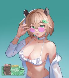  absurdres animal_ears bikini blonde_hair breasts choker female gradient_background green_background green_eyes highres indie_virtual_youtuber large_breasts looking_at_viewer moru2 naplings_(nimi_nightmare) nimi_nightmare pink-tinted_eyewear round_eyewear solo sunglasses swimsuit tapir tapir_ears tinted_eyewear virtual_youtuber white_bikini white_choker 