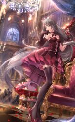  alcohol artist_request asymmetrical_gloves asymmetrical_legwear black_gloves black_ribbon blue_eyes breasts cake chandelier church cleavage cross-laced_clothes cross-laced_dress crown cup curtains day dress drink drinking_glass elbow_gloves eyelashes female finger_to_mouth flower food full_body game_cg gloves grey_hair grey_socks grey_thighhighs high_heels highres holding holding_cup holding_drink holding_tray indoors kneehighs lace-trimmed_dress lace-trimmed_thighhighs lace_trim light_particles lilith_(shining_nikki) lipstick long_hair looking_to_the_side macaron makeup medium_breasts medium_dress neck_ribbon nikki_(series) official_art parted_lips people petals pink_ribbon red_dress red_flower red_lips red_rose red_shoes ribbon rose rose_petals shining_nikki shoes single_elbow_glove single_kneehigh single_sock single_thighhigh smile socks solo_focus standing strapless strapless_dress teeth thighhighs throne tile_floor tiles tray very_long_hair waist_ribbon white_crown window wine wine_glass 