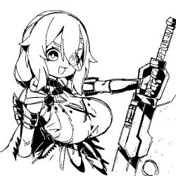  :3 absurdres armlet bracer breasts cropped_torso dress eyes_visible_through_hair female greyscale hair_between_eyes highres holding holding_sword holding_weapon huge_breasts jewelry k.tomato long_hair looking_at_viewer monochrome open_mouth original outstretched_arm rerie_(k.tomato) reverse_grip simple_background sleeveless sleeveless_dress smile solo sword upper_body v-shaped_eyebrows weapon 