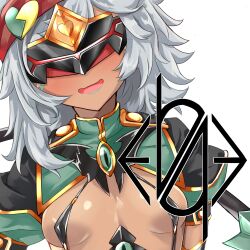  blush breasts corruption dark-skinned_female dark_persona dark_skin eye_mask female g11_(girls&#039;_frontline) girls&#039;_frontline grey_hair hat heart highres logia13laplace long_hair mask open_mouth simple_background slave_gear slingshot_swimsuit small_breasts smile solo swimsuit ts_magical_girl_nao upper_body variant_set white_background 