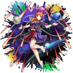  bare_legs barefoot black_shirt blonde_hair blue_hair chains choker closed_mouth clothes_writing earth_(ornament) earth_(planet) female frilled_skirt frills full_body game_cg gold_chain hecatia_lapislazuli highres light_smile looking_at_viewer midriff_peek moon_(ornament) multicolored_hair multicolored_skirt navel off-shoulder_shirt off_shoulder official_art plaid_clothes plaid_skirt planet red_eyes red_hair rotte_(1109) shirt skirt solo space t-shirt third-party_source toes touhou touhou_lostword transparent_background underworld_(ornament) 