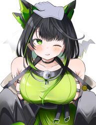  1other absurdres afterimage arknights bare_shoulders black_hair black_jacket breasts disembodied_hand dress female green_dress green_eyes green_hair headpat highres jacket large_breasts mon3tr_(arknights) multicolored_hair oerba_yun_fang off_shoulder one_eye_closed open_clothes open_jacket parted_lips simple_background sleeveless sleeveless_dress spam_(spamham4506) tail tail_wagging two-tone_hair upper_body white_background 