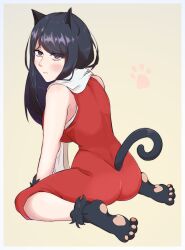  animal_ears ass black_hair blush breasts cat_ears cat_girl closed_mouth commentary_request cookie_(touhou) dress female from_behind full_body hakurei_reimu highres kemonomimi_mode large_breasts long_hair looking_at_viewer looking_back nanariku paw_print paw_print_background paw_shoes red_eyes scarf shiromiya_rei simple_background sleeveless sleeveless_dress solo swept_bangs touhou white_scarf yellow_background 