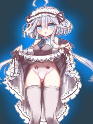  ahoge ajitarou_(setsu) bare_shoulders black_ribbon black_thighhighs blue_eyes blue_necktie blush bodysuit clothes_lift embarrassed emil_chronicle_online frilled_hairband frilled_skirt frills hairband mecha_musume mitama_aria necktie panties pink_panties ribbon skirt skirt_lift thighhighs underwear white_hair white_skirt 