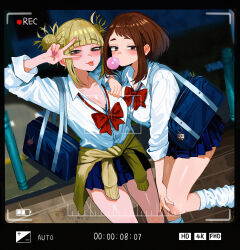  2girls absurdres bag bags_under_eyes battery_indicator black_bra blonde_hair blowing_bubble_gum blue_skirt boku_no_hero_academia bow bra bra_peek breasts brown_eyes brown_hair chewing_gum cleavage clothes_around_waist collarbone commentary_request double_bun gyaru hair_bun highres jacket jacket_around_waist large_breasts looking_at_viewer loose_socks medium_hair messy_hair multiple_girls pink_nails recording red_bow school_bag school_uniform shirt sidelocks skirt socks toga_himiko tongue tongue_out underwear uraraka_ochaco v v_over_eye viewfinder white_shirt white_socks zd_(pixiv6210083) 