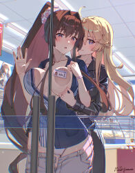  2girls against_glass black_jacket black_pants blue_eyes blue_shirt breasts brown_hair cherry_blossoms convenient_censoring employee_uniform flower grey_pants hair_between_eyes hair_flower hair_intakes hair_ornament highres himeyamato id_card indoors iowa_(kancolle) jacket kantai_collection large_breasts lawson leather leather_jacket long_hair long_sleeves multiple_girls no_bra open_mouth panties pants pink_panties ponytail red_eyes shirt short_sleeves sidelocks star-shaped_pupils star_(symbol) store_clerk striped_clothes striped_shirt symbol-shaped_pupils underwear very_long_hair yamato_(kancolle) yamato_(lawson)_(kancolle) yuri 