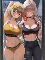  2girls ahoge alternate_costume anis_(nikke) arm_behind_head arm_up armpits black_choker black_leggings black_sports_bra blonde_hair blush breasts brown_hair cellphone choker cleavage closed_mouth clothes_writing collarbone commentary embarrassed english_commentary fingernails glass_writing goddess_of_victory:_nikke groin gym hair_intakes hair_ornament hand_on_another&#039;s_shoulder highres holding holding_phone indoors korean_text large_breasts leggings long_hair looking_at_phone looking_at_viewer mirror_selfie multiple_girls navel one_eye_closed orange_eyes phone rapi_(nikke) selfie short_hair silvertsuki smartphone smile sports_bra stomach sweat thigh_gap thighs towel towel_around_neck translation_request yellow_eyes yellow_sports_bra 