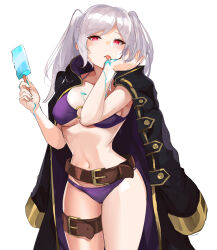  armpits belt belt_buckle bikini black_coat breasts brown_belt buckle coat coat_on_shoulders commentary_request dark_persona evil_smile female female_robin_(fire_emblem) female_robin_(grima)_(fire_emblem) female_robin_(seaside_tactician)_(fire_emblem) fire fire_emblem fire_emblem_awakening fire_emblem_heroes food gloves grey_hair highres hip_focus holding holding_food holding_popsicle hood hood_down large_breasts licking long_hair looking_at_viewer navel o-ring o-ring_bikini official_alternate_costume ormille popsicle purple_bikini purple_fire red_eyes robe simple_background skindentation smile solo stomach swimsuit thigh_strap thighs tongue tongue_out twintails underboob white_background 