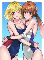  2girls ;d blonde_hair blue_background blue_eyes blush border breasts brown_hair cleavage collarbone commentary commission covered_navel cowboy_shot elbow_pads gradient_background green_eyes groin looking_at_viewer multicolored_swimsuit multiple_girls one-piece_swimsuit one_eye_closed original outside_border own_hands_together simple_background skeb_commission smile swimsuit taka_oedo watermark watermark_grid white_border wristband 