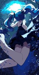  absurdres air_bubble aqua_background aqua_hair arm_up back backless_dress backless_outfit bare_shoulders barefoot black_dress blue_background blue_hair blue_theme bubble caustics dress female floating_hair foreshortening frilled_dress frills from_behind hatsune_miku highres kasaki_sakura leg_up long_hair median_furrow pale_skin shinkai_shoujo_(vocaloid) sleeveless sleeveless_dress solo submerged swimming twintails underwater very_long_hair vocaloid wavy_hair 