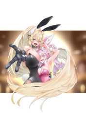  2girls absurdres alice_(nikke) alice_(wonderland_bunny)_(nikke) animal_ears bare_shoulders between_breasts black_gloves black_leotard blonde_hair bow bowtie breasts carrot_hair_ornament closed_eyes detached_collar fake_animal_ears food-themed_hair_ornament gloves goddess_of_victory:_nikke green_eyes hair_ornament head_between_breasts height_difference highres large_breasts leotard likered7410 long_hair multiple_girls oerba_yun_fang official_alternate_costume one_eye_closed open_mouth pantyhose pink_bow pink_bowtie pink_leotard playboy_bunny rabbit_ears rupee_(nikke) rupee_(rabbit_deluxe)_(nikke) smile strapless strapless_leotard twintails undersized_breast_cup very_long_hair white_wrist_cuffs wrist_cuffs 