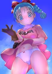  ass_visible_through_thighs blue_eyes blue_hair bow bow_panties braid brown_gloves bulma_briefs character_name clothes_writing cloud dragon_ball dragon_ball_(classic) dress female from_below gloves hairbow highres himehachi_(hime8manga) long_hair looking_at_viewer navel outdoors panties pink_dress pink_scarf ponytail ribbon scarf short_dress short_sleeves single_glove sky smile solo thighs underwear upskirt white_panties wind wind_lift 