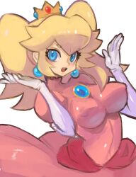  alternate_hairstyle blonde_hair blue_eyes blue_gemstone blush chest_jewel covered_nipples crown dakusuta dress earrings elbow_gloves eyelashes female gem gloves hands_up highres impossible_clothes impossible_dress jeweled_crown jewelry light_blush looking_at_viewer mario_(series) mini_crown pink_dress princess_peach puffy_short_sleeves puffy_sleeves red_gemstone short_eyebrows short_sleeves sidelocks simple_background solo sphere_earrings teeth twintails upper_teeth_only white_background white_gloves 