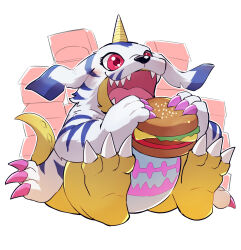  3_toes animal_skin anthro bandai_namco belly burger claws digimon digimon_(species) eating feet finger_claws food fur gabumon hi_res hindpaw horn kinoshita-jiroh male open_mouth paws red_eyes sitting slightly_chubby smile soles solo striped_body striped_fur stripes teeth toe_claws toes tongue yellow_body yellow_skin 