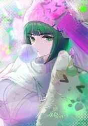  &gt;o&lt; arknights blowing_bubbles bob_cut chewing_gum commentary_request ela_(rainbow_six_siege) ela_(safehouse)_(rainbow_six_siege) feline female green_eyes green_hair hakoniwashinshi highres knit_hat long_sleeves looking_at_viewer official_alternate_costume rainbow_six_siege short_hair solo upper_body white_shrug 