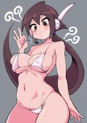  ? ?? absurdres aile_(mega_man_zx) bikini black_eyes blush breasts breath brown_hair buzzlyears collarbone commentary cowboy_shot female grey_background highres large_breasts long_hair mega_man_(series) mega_man_zx mega_man_zx_advent navel ponytail robot_ears simple_background solo sweat swimsuit white_bikini 