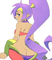  ass bad_id bad_twitter_id big_hair black_panties blue_eyes butt_crack choker curvy dark-skinned_female dark_skin earrings from_behind harem_pants highres jewelry long_hair looking_at_viewer nervous_smile panties pants pointy_ears purple_hair shantae shantae_(series) shoulder_blades simple_background sitting smile tiara underwear very_long_hair wide_hips zzzzz_(guzt4v0) 