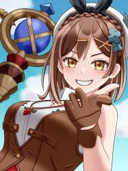  atelier_(series) atelier_ryza atelier_ryza_3 bare_arms beret bracelet braid breasts brown_eyes brown_gloves brown_hair brown_vest choker clover_hair_ornament commentary_request crown_braid earrings female floating_earring gloves grin hair_ornament hat highres holding holding_staff jewelry large_breasts leather leather_gloves multiple_bracelets multiple_necklaces necklace reisalin_stout short_hair single_earring single_glove sleeveless smile solo staff star_(symbol) star_choker star_earrings star_necklace take_hero upper_body vest white_hat x_hair_ornament 