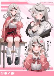  absurdres black_bra bow bowtie bra bra_peek braid breasts cellphone choker cleavage commentary_request desk ear_piercing female grey_hair hair_ornament hairclip highres holding holding_phone hololive jacket large_breasts long_hair loose_socks nel_dcm o-ring o-ring_choker oerba_yun_fang on_desk partially_unbuttoned phone piercing pink_jacket plaid_clothes plaid_skirt red_eyes sakamata_chloe sakamata_chloe_(school_uniform) shirt side_braid sitting skin_fang skirt smartphone socks striped_bow striped_bowtie striped_clothes underwear virtual_youtuber white_shirt 