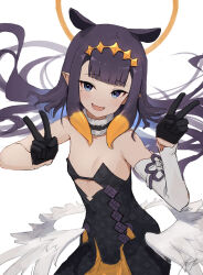  bare_shoulders black_dress black_gloves blue_eyes blunt_bangs choker cutout_above_navel detached_sleeves diamond_hairband double_v dress english_commentary feathered_wings female flat_chest fur-trimmed_choker fur_choker fur_trim gloves halo highres hololive hololive_english long_hair looking_at_viewer low_wings mole mole_under_eye multicolored_hair ninomae_ina&#039;nis ninomae_ina&#039;nis_(1st_costume) oerba_yun_fang open_mouth orange_hair pointy_ears punished_pigeon purple_hair sidelocks simple_background single_detached_sleeve solo strapless strapless_dress tentacle_hair tube_dress v very_long_hair virtual_youtuber white_background white_sleeves wings 