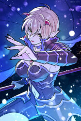  black_nails blonde_hair blue_cape blurry breasts cape choker cleavage clothing_cutout commentary_request cowboy_shot demon_girl depth_of_field dragon_quest dragon_quest_x earrings female floating_cape green_eyes highres holding holding_weapon horns jewelry large_breasts looking_at_viewer navel navel_cutout pointy_ears purple_choker red_horns red_lips rim1010 short_hair sideboob single_earring solo studded_choker valeria_(dragon_quest) weapon 