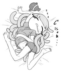  ass breasts contortion drooling eyelashes female fish flexible greyscale harmony_(splatoon) highres long_hair monochrome o_den saliva short_shorts shorts sleeping small_breasts splatoon_(series) splatoon_3 tentacle_hair zzz 