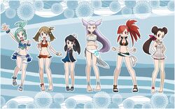  asuna_(pokemon) bikini gym_leader haruka_(pokemon) haruka_(pokemon)_(remake) lucia_(pokemon) mabu_(dorisuto) multiple_girls nagi_(pokemon) nintendo pokemon pokemon_oras ran_(pokemon) swimsuit tsutsuji_(pokemon) 