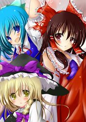  3girls bare_shoulders blonde_hair blue_eyes blue_hair blush bow braid brown_eyes brown_hair cirno commentary_request detached_sleeves hair_ribbon hair_tubes hairbow hakurei_reimu hat hat_bow kirisame_marisa multiple_girls ribbon side_braid t_(dyuhuhudyukusi) touhou witch_hat yellow_eyes 